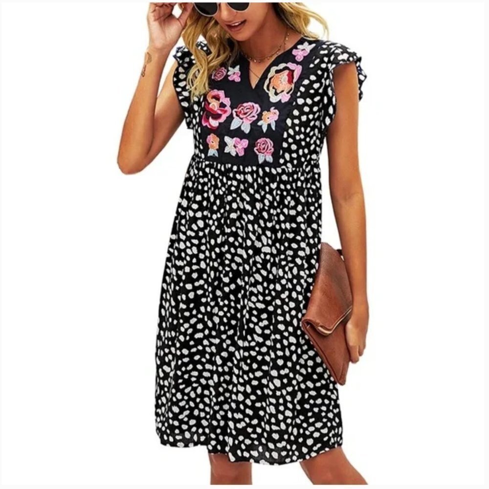 𝅺KIRUNDO Black & White Leopard Mini Ruffle V-neck Floral Embroidery Mini Dress M